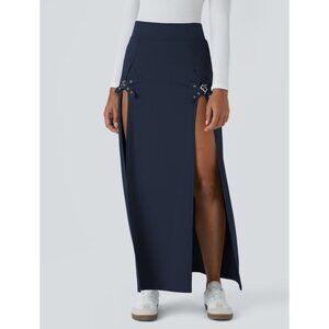 Halara Decorative Buckle Split 2-in-1 Maxi Casual Skirt Sz Large Navy Blue
